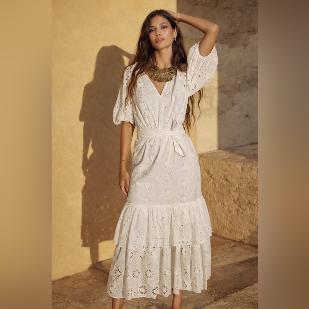 ZARA BELTED EMBROIDERED MIDI DRESS OYSTER WHITE SIZE S - Picture 3 of 15